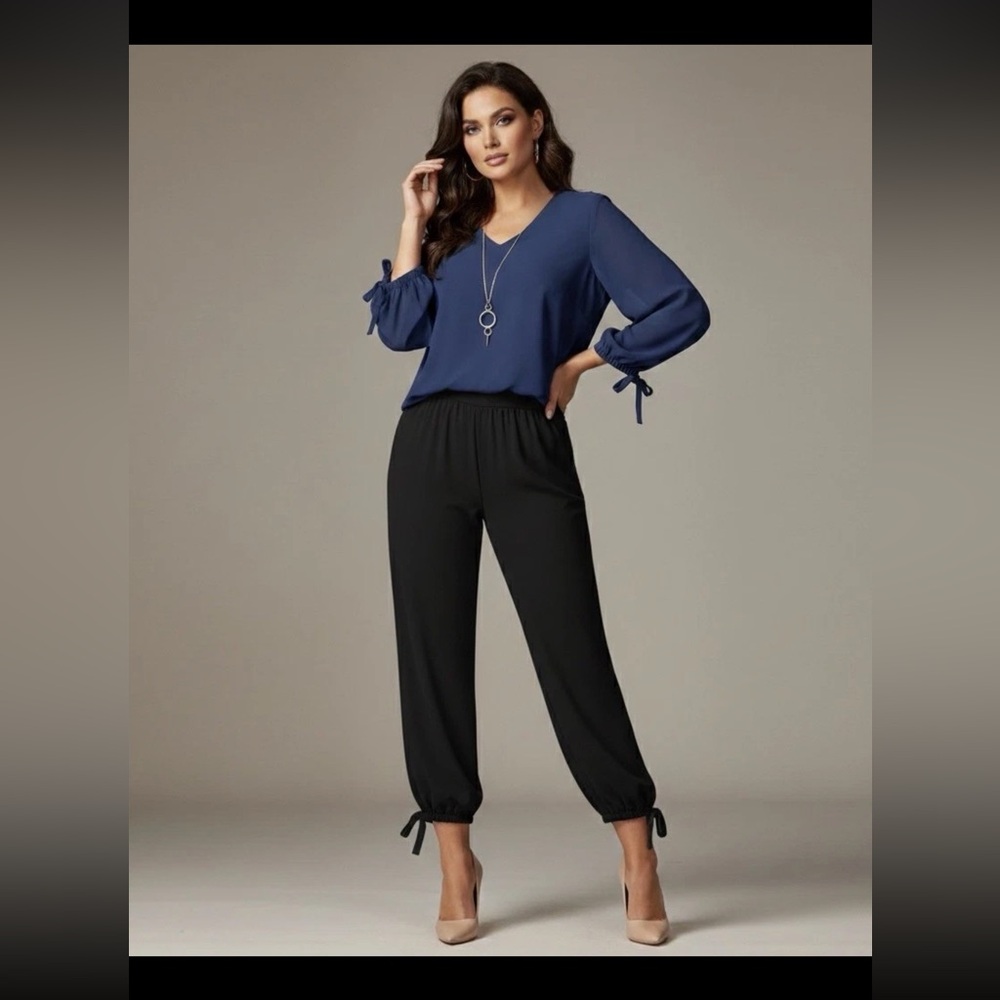 JM Collection Womens 3/4 Sleeve V-Neck Gold Chain Navy Blue Chiffon Blouse XS‎